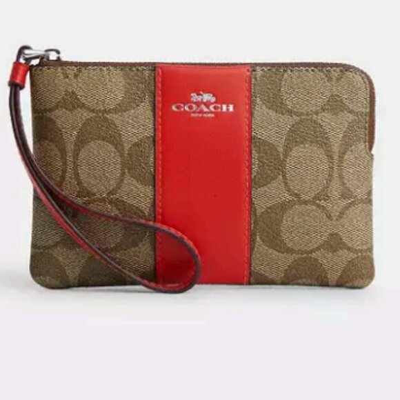 Coach Handbags - Coach Zip Wristlet In Signature Canvas Silver Khaki Miami Red